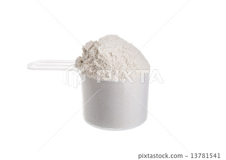 Measuring spoon for milk whey protein. On a white background. 13781541