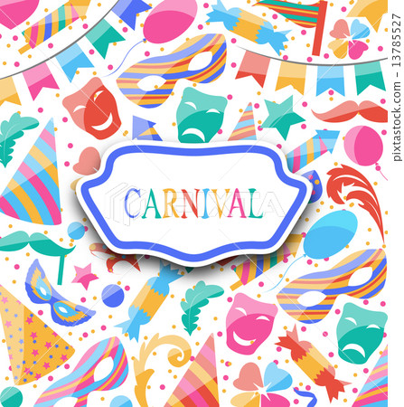 Festive postcard with carnival colorful icons and objects Festive postcard with carnival colorful icons and objects 13785527