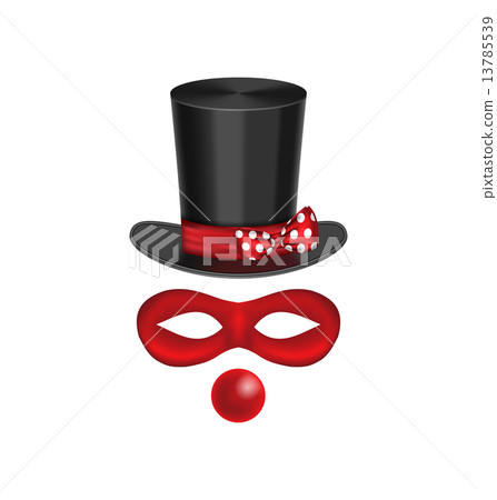 Accessories for clown - hat, mask, red nose are isolated on whit 13785539