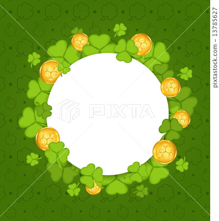 Celebration card with shamrocks and golden coins for St. Patrick Celebration card with shamrocks and golden coins for St. Patrick 13785627