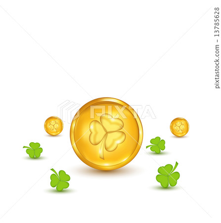 Clovers and coins with shadows on white background for St. Patri Clovers and coins with shadows on white background for St. Patri 13785628