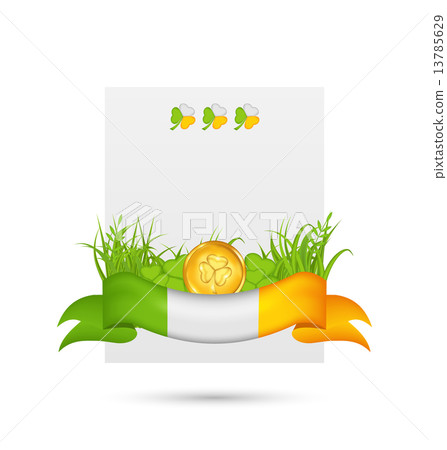 Natural card with coin, clovers, grass and ribbon - in traditio Natural card with coin, clovers, grass and ribbon - in traditio 13785629