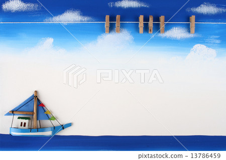 Picture Board with Wooden Paper Clip on Blue Sky, Ocean and Boat 13786459