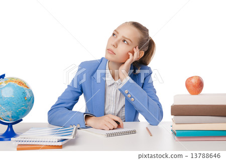 Thoughtful student sitting with many books. Thoughtful student sitting with many books. 13788646