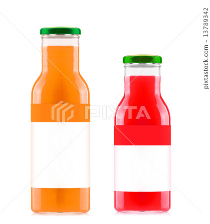 Orange and strawberry juices in glass bottles Orange and strawberry juices in glass bottles 13789342
