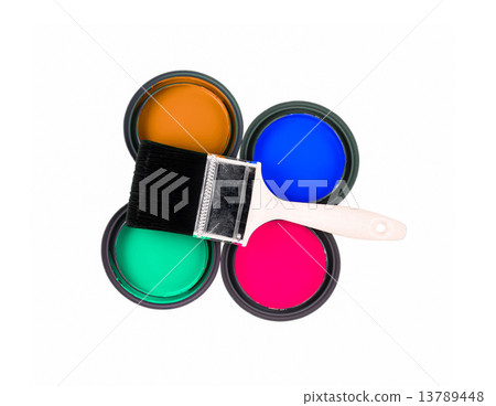 four colorful paint cans with paintbrush four colorful paint cans with paintbrush 13789448