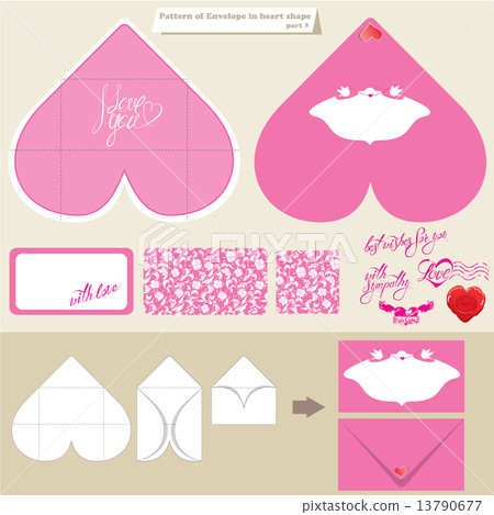 Template and scheme of envelope in heart shape. Pink background 13790677