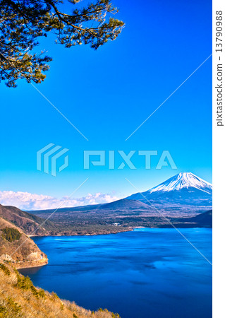 從本栖湖的富士山的風景和從1000日元的票據拍攝地點晴朗 13790988