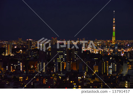 從東京台東區看的天空樹和夜視圖 從東京台東區看的天空樹和夜視圖 13791457