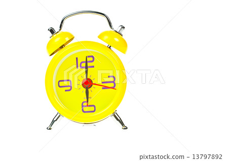 Clock, Yellow clock, showing nine o'clock, Isolated 13797892