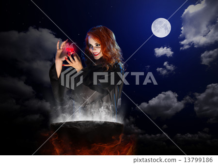 Witch with red potion and cauldron on night sky background Witch with red potion and cauldron on night sky background 13799186