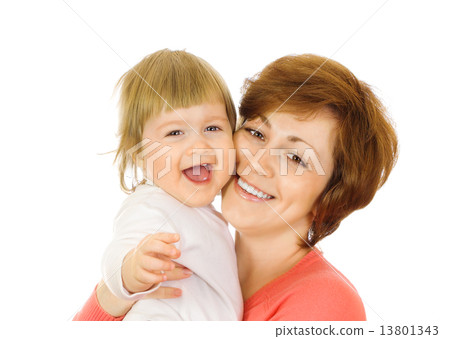 Small laughing baby in red with mother isolated Small laughing baby in red with mother isolated 13801343