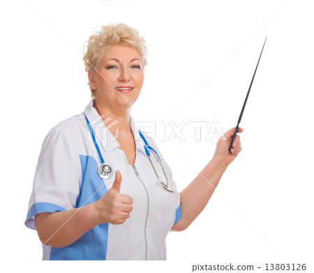 Mature doctor with pointer shows ok sign 13803126