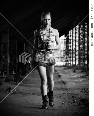 Woman in uniform with binoculars (monochrome version) 13803502