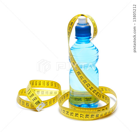 Blue bottle of water with centimeter tape 13805212