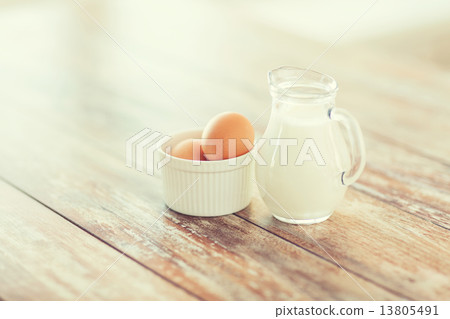 close up of jugful of milk and eggs in a bowl close up of jugful of milk and eggs in a bowl 13805491