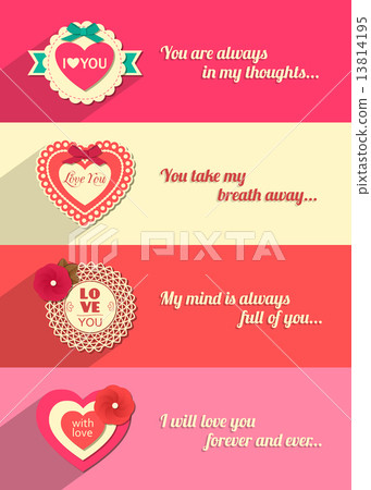 Set of Valentines day typographical horizontal banners with paper hearts and flowers. 13814195