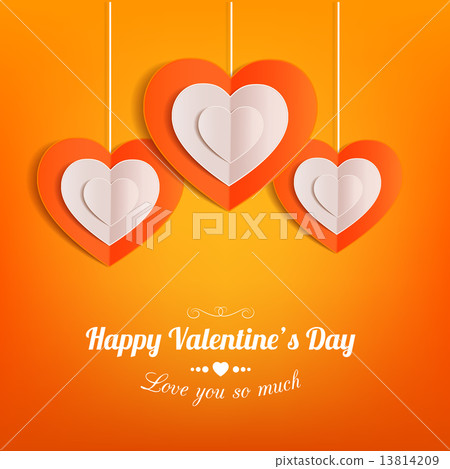 Valentines day typographical background with hanging paper hearts . 13814209