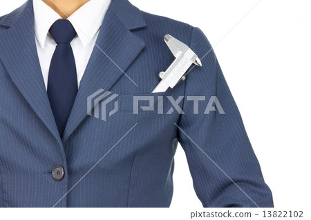 Businessman and Vernier Caliper in Pocket Isolated on White Back 13822102