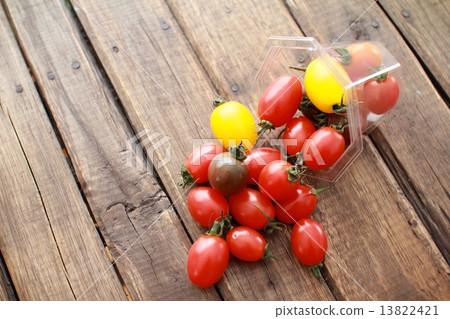 Various kinds of cherry tomatoes spilled out of a plastic cup Various kinds of cherry tomatoes spilled out of a plastic cup 13822421