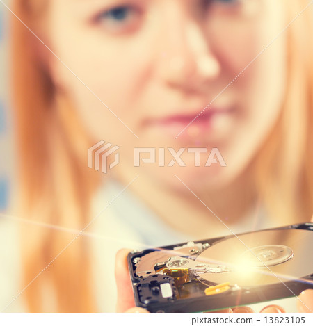 girl student with a hard disk HDD in the hands girl student with a hard disk HDD in the hands 13823105