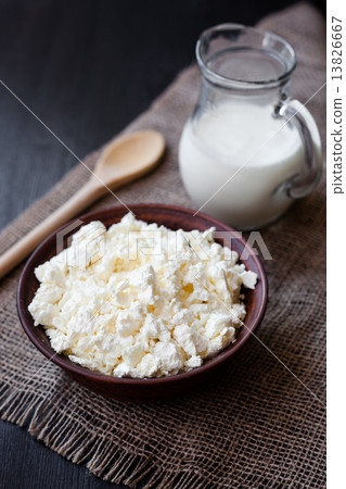 Delicious homemade cottage cheese with milk on the table 13826667