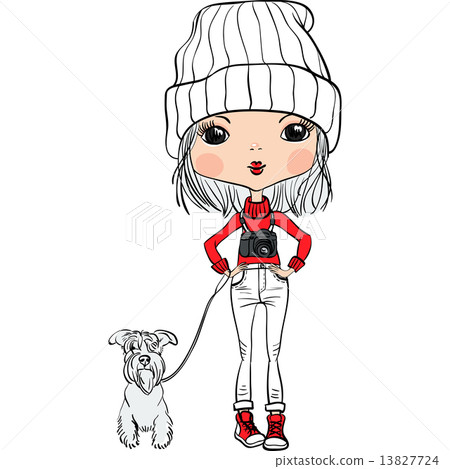 Vector hipster cute girl with a dog and a camera Vector hipster cute girl with a dog and a camera 13827724