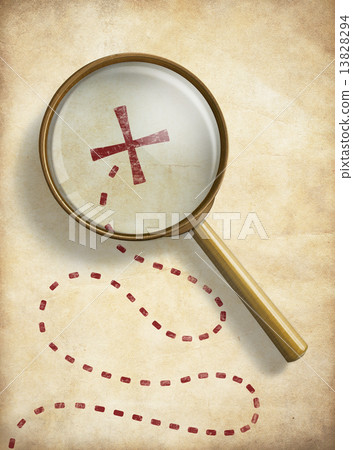 Pirates treasure old map with marked location and loupe. Searching concept. 13828294