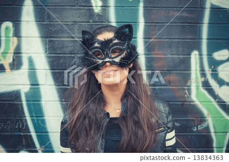 cat mask young beautiful brunette woman cat mask young beautiful brunette woman 13834363