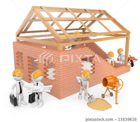 3D white people. Construction workers building a house 3D white people. Construction workers building a house 13839616