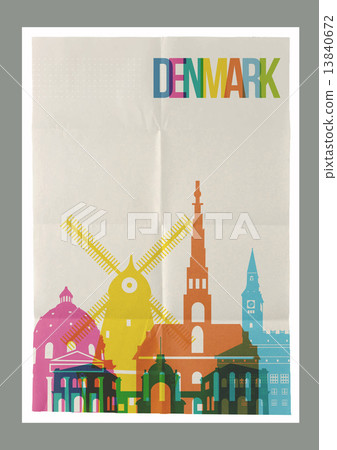 Travel Denmark landmarks skyline vintage poster Travel Denmark landmarks skyline vintage poster 13840672