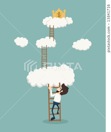 Businessman on a ladder above the clouds looking golden castle Businessman on a ladder above the clouds looking golden castle 13841716