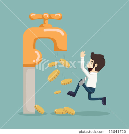 Money coins fall out of golden faucet 13841720