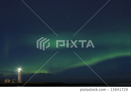 Dark green aurora and light house and cloud (Northern Lights in Seltjarnarnes) 13841729