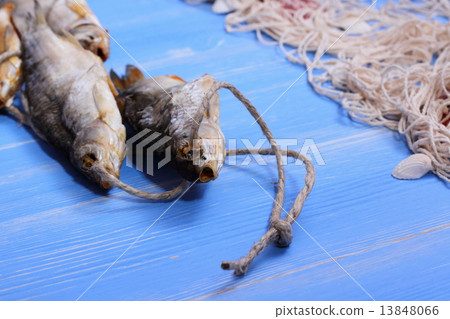 Dried rudd fish and fishing net on blue background 13848066