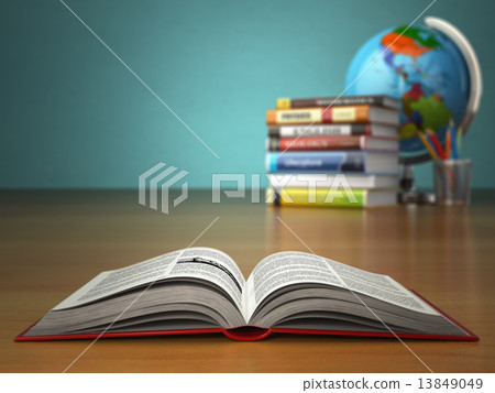 Concept of education. Open book wich pencils and globe. Concept of education. Open book wich pencils and globe. 13849049