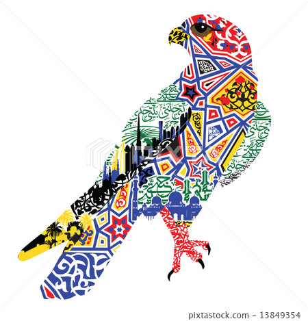 falcon of patterns and miniatures symbolizing the UAE on a white background 13849354