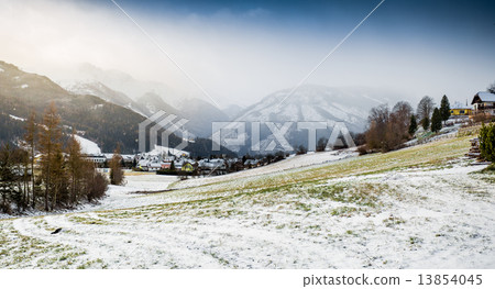 landscape of highland meadows covered in snow at Austrian Alps landscape of highland meadows covered in snow at Austrian Alps 13854045
