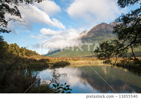Lake, mirror lake with white puffy cloud on sunny day landscape framed by foliage 13855540