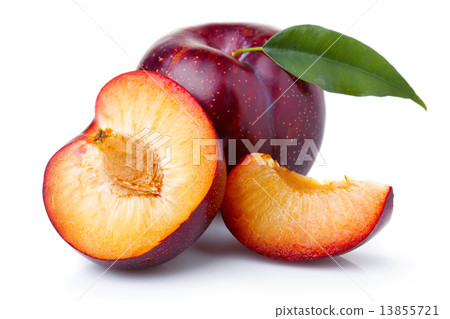 Ripe purple plum fruits with green leaves isolated on white Ripe purple plum fruits with green leaves isolated on white 13855721