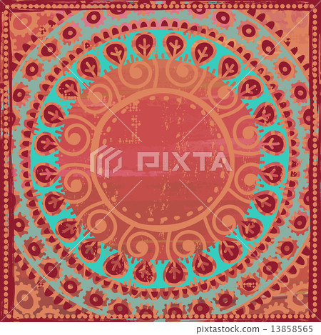Hand drawn ethnic frame in turquoise and coral red tones Hand drawn ethnic frame in turquoise and coral red tones 13858565