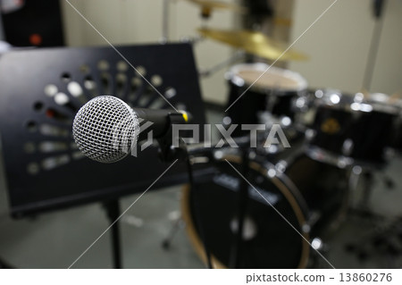 Close up of microphone in concert hall or conference room. Music equipment in training room. 13860276