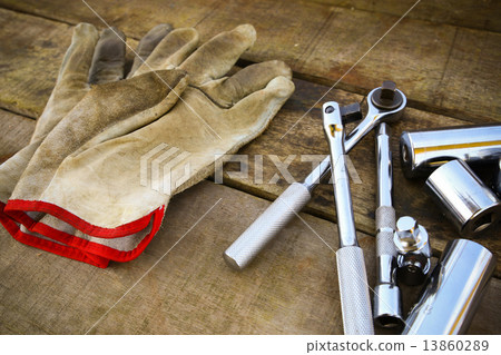 Hand tools set on wooden background. 13860289