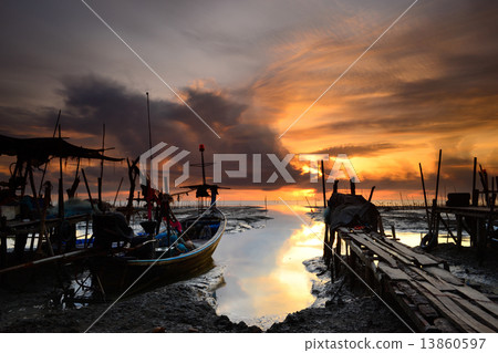 fishing boat with sunrise background fishing boat with sunrise background 13860597