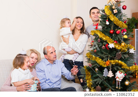 family decorating fir tree family decorating fir tree 13862352