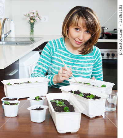 woman in green working with seedlings 13863182