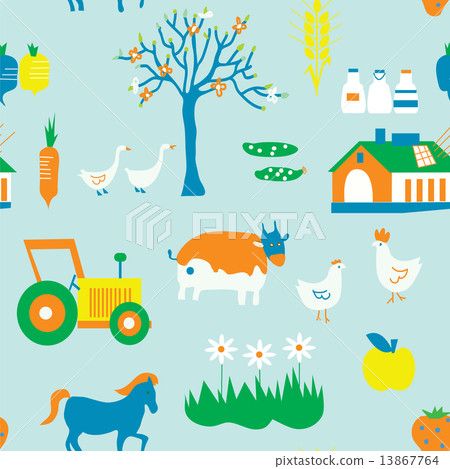 Agriculture seamless pattern with trees, animals 13867764