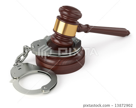 Handcuffs and judge gavel on white background 13872902