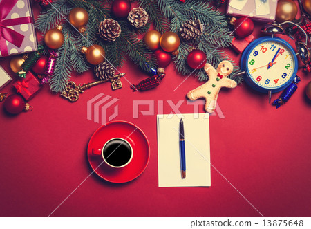Coffee and letter with christmas gifts on red background. Coffee and letter with christmas gifts on red background. 13875648