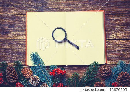 Retro book and loupe near pine branches on a table. Retro book and loupe near pine branches on a table. 13876505